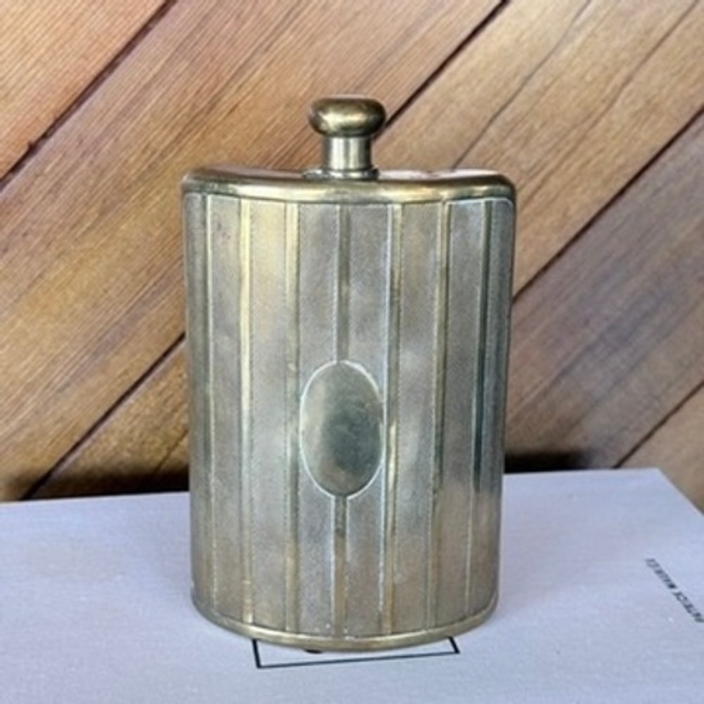 Vintage Germany Brass Hip Flask Engine Turned Striped Kidney Shape Barware